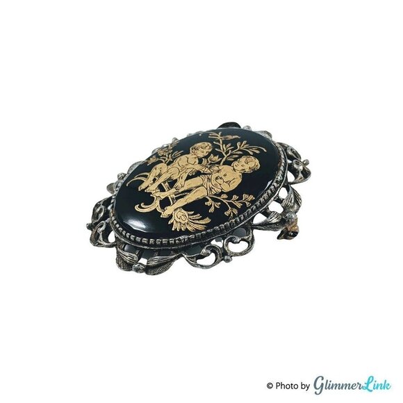 Vintage Two Boys Garden Oval Black & Gold Enamel Silver Tone Brooch Pendant - Picture 2 of 9